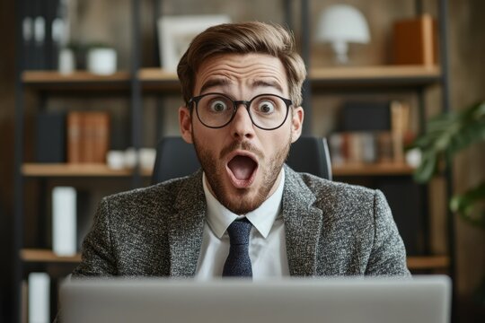 Surprised businessman reacting during a video call at the office, displaying a moment of unexpected news or change, emphasizing adaptability and emotional response in professional, Generative AI