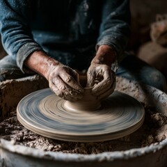 Artisan at Work Shaping Clay on Potter's Wheel with Focused Hands