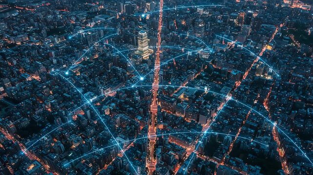 Aerial view of a city at night with glowing digital network lines - Powered by Adobe