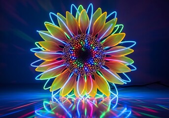 Obraz premium Electric bloom a captivating sunflower artfully illuminated with vivid neon light streams creating a futuristic