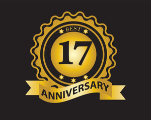17th Anniversary Golden Badge. Best Anniversary Seal with Ribbon. Vector Illustration on Black Background.