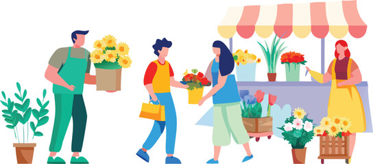 Customers browsing and buying flowers at a vibrant flower stand on a sunny day.