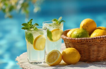 Fototapeta premium Refreshing lemonade cocktails by a pool