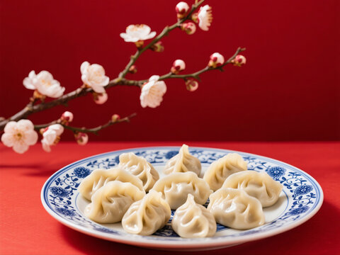 Steamed Chinese dumplings(jiaozi), artfully arranged on blue and white patterned porcelain plate with red background, branch of plum blossom flowers.