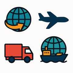 Global logistics and transportation icons including airplane truck and ship.