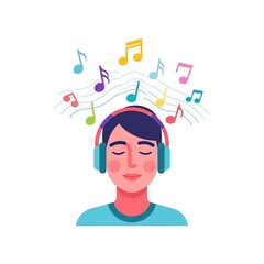 Young Woman Listening to Music Wearing Headphones with Colorful Musical Notes in Bright Minimalist Style