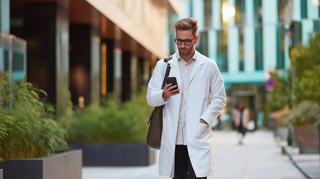 A physician in uniform is texting on a smartphone while carrying a bag home from work. Healthcare workers' balance between work and life. - Powered by Adobe