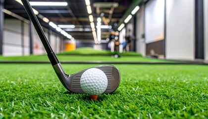 Golf club resting on golf ball on putting green