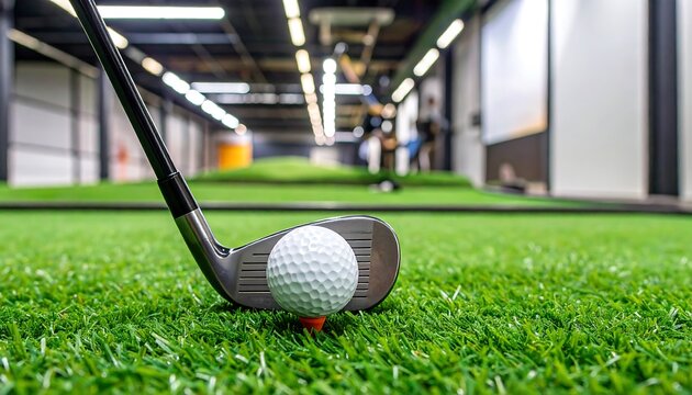Golf club resting on golf ball on putting green