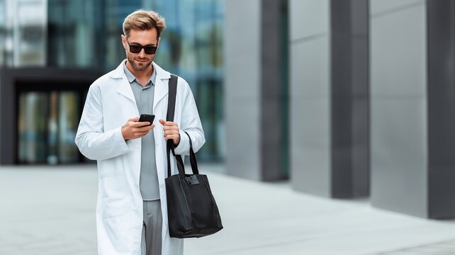 A physician in uniform is texting on a smartphone while carrying a bag home from work. Healthcare workers' balance between work and life.
