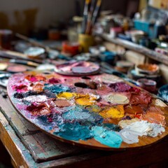 Colorful Artist Palette with Oil Paints and Brushes on Workbench