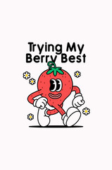 Vector illustration of a smiling strawberry character walking confidently with text 