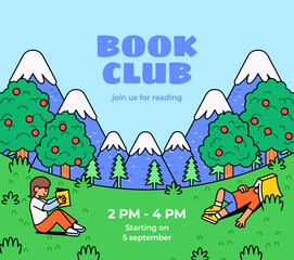 Book club announcement featuring children reading books in a scenic outdoor landscape with mountains, apple trees, and sky for education, school events, learning, reading programs vector illustration