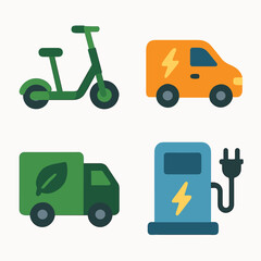 Set of electric vehicles and charging station icons.
