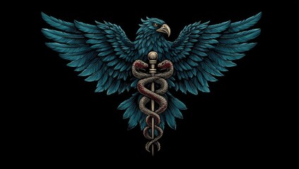 Fototapeta premium Dark graphic of a stylized blue bird with spread wings and a caduceus