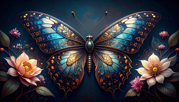 Ornate butterfly amidst glowing flowers