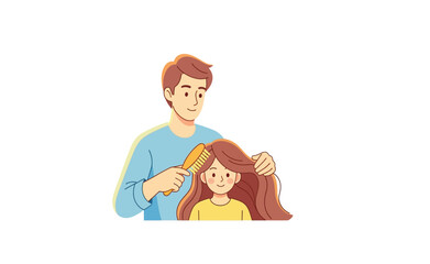 Warm illustration of a devoted dad tenderly combing his child's flowing locks, a heartwarming scene of parental affection and daily hair care