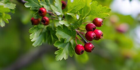 Obraz premium A cluster of bright red hawthorn berries on a branch, surrounded by fresh green leaves.
