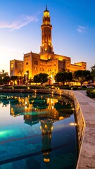 Obraz premium Mosque reflected in a tranquil pool at twilight