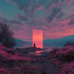 A figure stands by a lake at sunset, facing a portal
