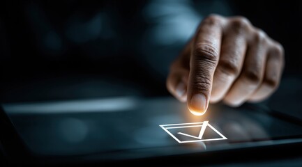 A hand touches a glowing check mark on a tablet