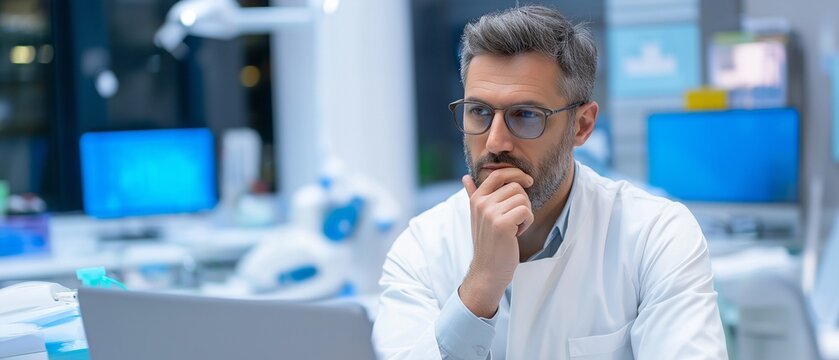 Pensive Dentist Taking a Look at a Case in a Teledentistry Consultation
