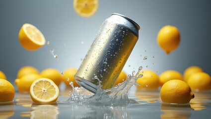 A metallic beverage can with water splashes, surrounded by fresh lemons, in a  setting.