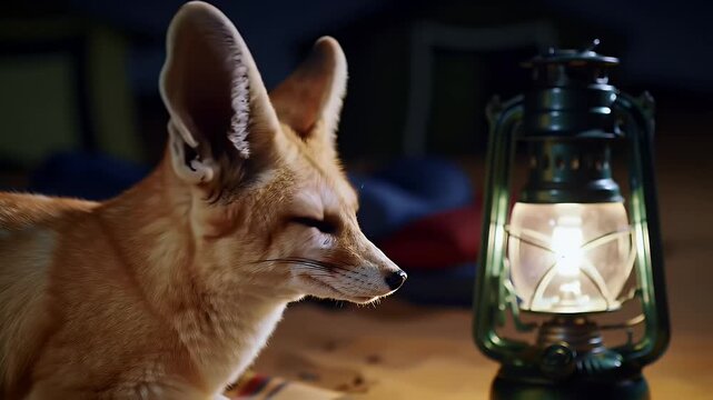 Close Up Portrait of a Fennec Fox Next to a Lit Vintage Oil Lamp at Night