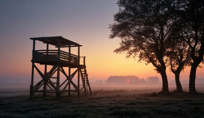 Wooden observation tower at sunrise through a misty landscape