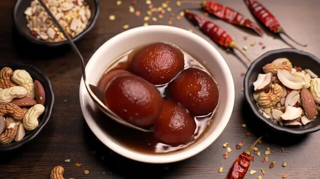 A delicious plate of indian gulab jamun dessert with nuts and spices on a wooden table