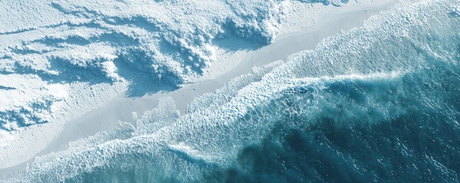 Aerial view of powerful ocean waves crashing on a beach