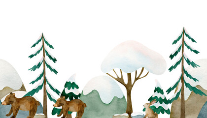Seamless child border with fir trees, mountains and animals. Watercolor illustration in cartoon style.