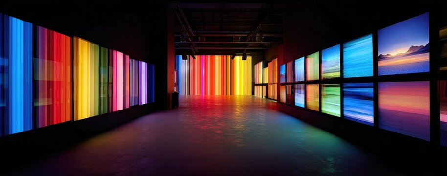 Colorful illuminated display in a dark gallery space - Powered by Adobe