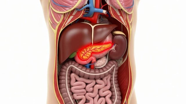 Human pancreas anatomy illustration showing pain and inflammation, highlighting the digestive system and internal organs for medical and educational purposes.