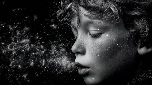 child blowing dandelion seeds that sprout solar panels, freckles shaped like constellations, Phase One XT architectural portrait style