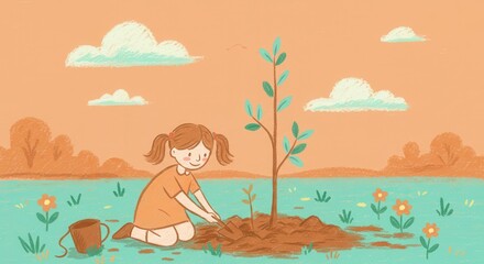 A young girl plants a tree in a serene, pastel-colored landscape, showcasing a peaceful and nurturing scene.
