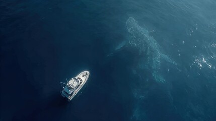 Naklejka premium Marine documentary, deep sea on the surface of the sea there is a small white yacht fishing boat, yacht side view, seawater bottomless, deep deep blue,