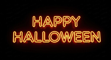 Bright glowing neon sign displaying the words &ldquo;Happy Halloween&rdquo; on a dark background