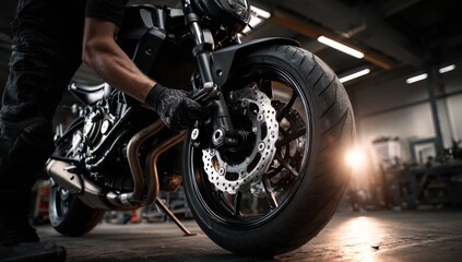 Mechanic working on a motorcycle's front wheel in a workshop