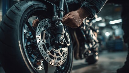 Obraz premium Mechanic working on a motorcycle wheel (1)
