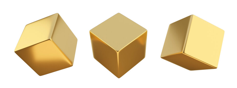 3d render gold cube geometry element design. Shiny metallic minerals box for wealth and rich ore investment. Realistic asset three-dimensional luxury object isolated on background for decoration art.