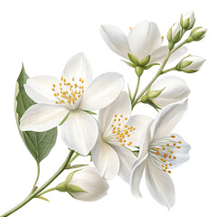 Fototapeta premium Elegant Jasmine Bloom: Exquisite image showcasing the delicate beauty of jasmine flowers in full bloom, their pristine white petals and vibrant yellow stamens standing out in exquisite detail.