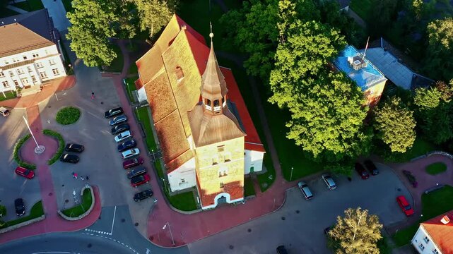 St Simon's Church and town square, and city ​​council in Valmiera, Latvia in aerial view