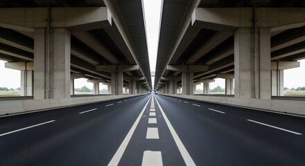 Empty highway under an overpass symmetrical perspective urban infrastructure.