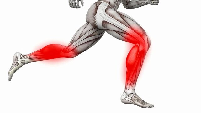 Runner with leg pain demonstrating muscle inflammation and knee joint discomfort during exercise showcasing potential sports injury
