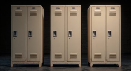 Three school lockers in a dark room