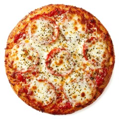 Whole Margherita pizza with tomato base, no tomato slices, melted mozzarella, a light sprinkle of oregano, golden crispy crust, top-down view
