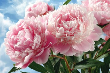 Delicate pink peony blossoms against a clear sky.