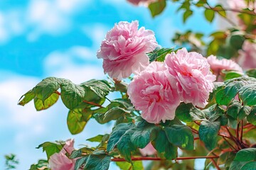 Delicate pink peonies blossom against a clear sky.