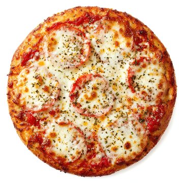 Whole Margherita pizza with tomato base, no tomato slices, melted mozzarella, a light sprinkle of oregano, golden crispy crust, top-down view